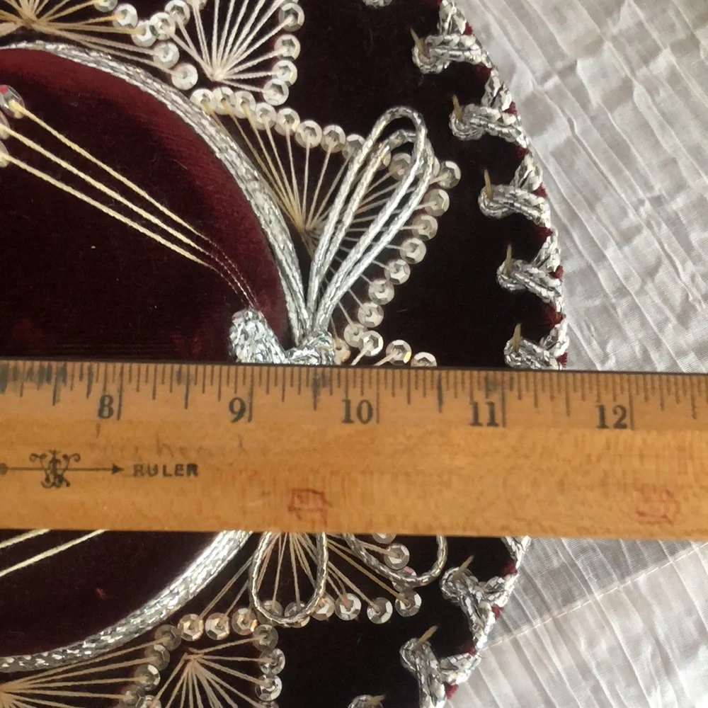 SALAZAR YEPEZ HATS maroon & silver beaded Mexican childs hat w/adjust neck strap